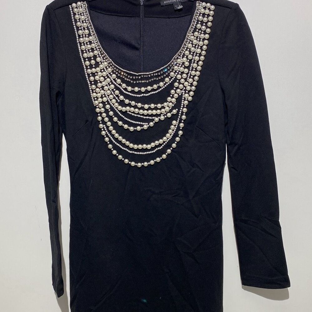 Boston Proper Women's Black Pearl Embellished Long Sleeve Bodycon Dress Size 6